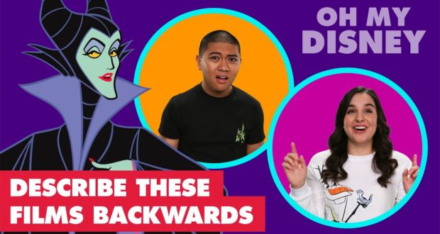 Maleficent, a baffled guest, and a cheerful visitor hilariously recount Disney films in reverse for an Oh My Disney challenge.