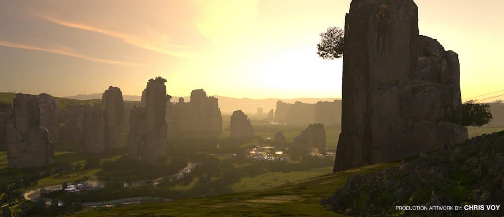 Majestic rock spires tower over a lush valley at sunset, setting the scene for an epic virtual reality park adventure.