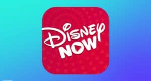 Red DisneyNOW logo with white text on a blue gradient, inviting fans to stream Disney Park favorites and classic shows.