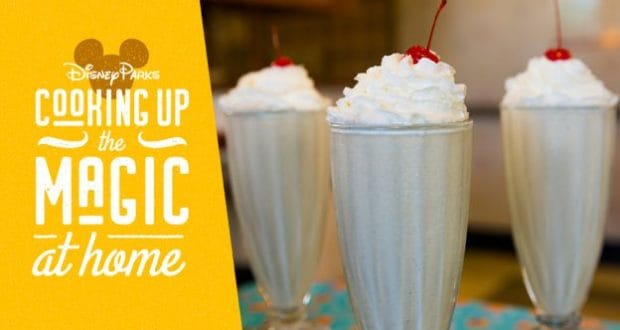 Three vanilla milkshakes with whipped cream and cherries channel 50’s Prime Time Café’s iconic PB&J treat at Disney Parks.