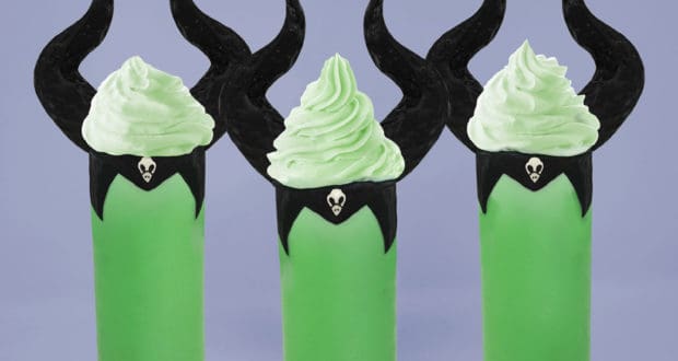 Maleficent-inspired milkshakes with green cream and chocolate horns—perfect for Disney fans craving villainous treats.