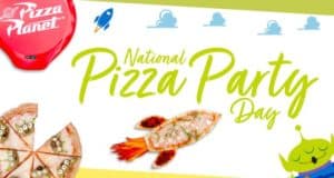 Enjoy National Pizza Party Day with Toy Story alien, rocket pizza, and playful slices on a vibrant background at Pixar Pier!.
