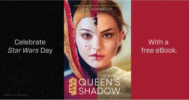 Star Wars Queen’s Shadow" book cover with Padmé Amidala’s faces, themed for fans and promoted as a Free eBook Download.