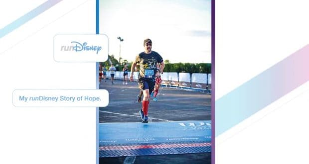 A runDisney athlete races across the finish line at Walt Disney World, with "My runDisney Story of Hope: Part 2" onscreen.