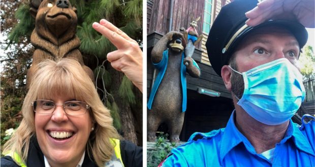 Disney Security Team members imitate playful bear poses; one salutes in uniform, sharing Disney World's signature fun and warmth.