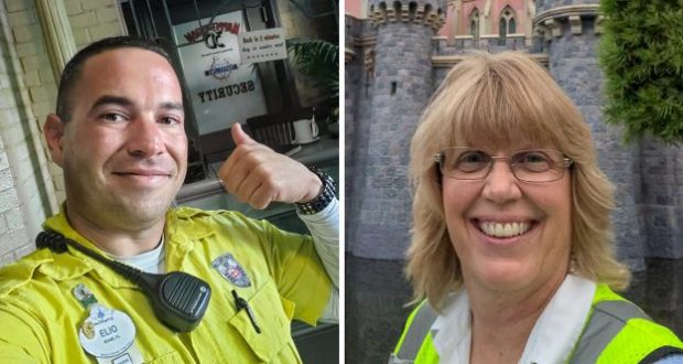 Cast Members in bright yellow costumes share a smile and a thumbs up with iconic Disney World attractions in the background.