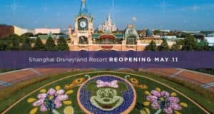 Aerial view of Shanghai Disney Resort with "Reopening May 11," Minnie Mouse floral display, and limited capacity reopening news.