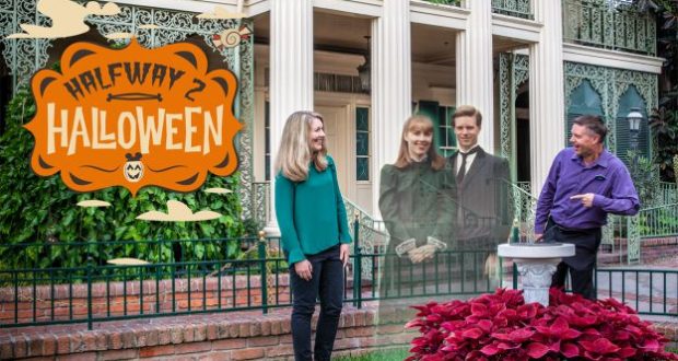 Fans pose with Haunted Mansion ghosts and a "Halfway to Halloween" sign at Disneyland, celebrating spooky fun and theme park love.