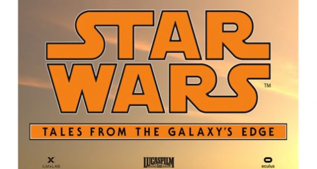 Star Wars: Tales from the Galaxy's Edge logo rises over Batuu-inspired orange sky, with partner logos highlighting new VR adventure.