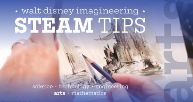 Imagineer sketches a theme park skyline with: "Walt Disney Imagineering STEAM tips: science, technology, engineering, art, math.