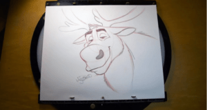 Sven from Frozen 2 comes to life in a pencil sketch showcased on an animator’s board, just like at a Disney Animation experience.