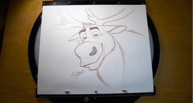 Sven from Frozen 2 comes to life in a pencil sketch showcased on an animator’s board, just like at a Disney Animation experience.