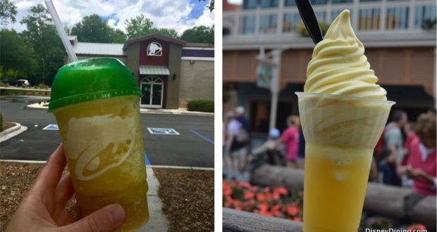 Left: Taco Bell Pineapple Whip Freeze held outside Taco Bell. Right: Dole Whip soft-serve float at Disneyland with black straw.