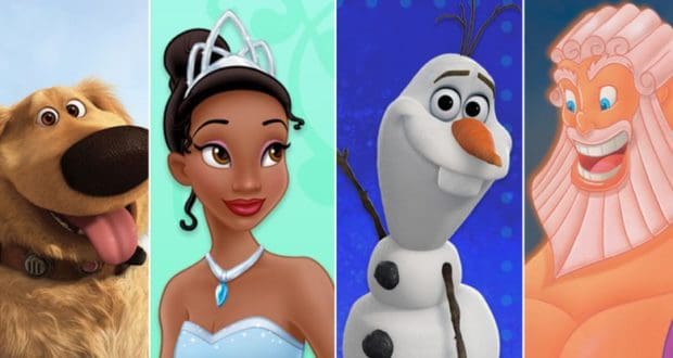 Dug, Tiana, Olaf, and Zeus appear in vibrant panels—ideal for delighting Disney fans with Sweet Sentiments E-Cards.