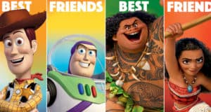 Woody, Buzz Lightyear, Maui, and Moana under "Best Friends" on vibrant backgrounds—ideal Disney Parks-inspired phone wallpaper.