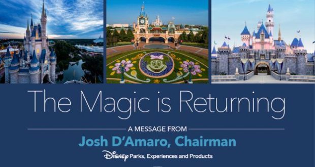 Disney park castles sparkle as the message appears: “The Magic is Returning,” from Disney Parks Chairman Josh D’Amaro.
