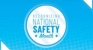 Blue graphic with white circle text: "Recognizing National Safety Month," celebrating Disney Cast Members' and Safety Team dedication.