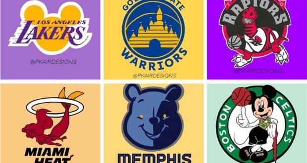 NBA team logos for the Lakers, Warriors, Raptors, Heat, Grizzlies, and Celtics reimagined with Disney magic for fans.