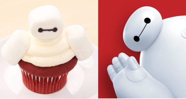 Baymax cupcake and Baymax image on a vibrant red backdrop—perfect for Disney fans craving a magical Big Hero 6 treat.