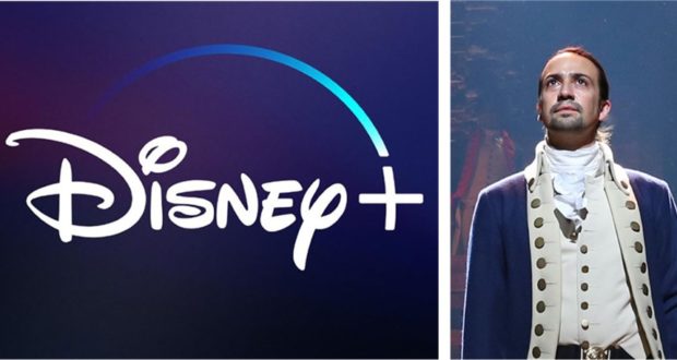 Disney+ logo paired with a Broadway-style performer in period attire, showcasing unforgettable entertainment experiences.