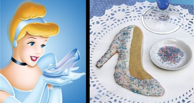 Cinderella at Disney Parks with her iconic glass slipper next to a themed cookie inspired by the signature glass slipper treat.