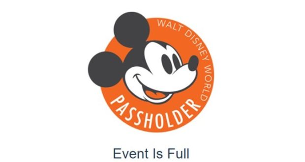 Mickey Mouse on an orange Passholder badge with "Walt Disney World Annual Passholder." Below: "Event Is Full. Preview Registration is now closed.