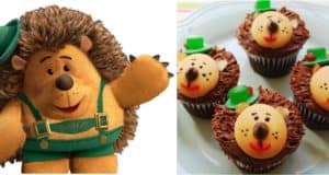 Left: Mr. Pricklepants from Toy Story in green overalls. Right: Toy Story–inspired Mr. Pricklepants cupcakes with cute faces and hats.