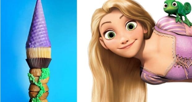 Rapunzel’s tower-inspired ice cream cone beside Rapunzel and Pascal from Tangled at a Disney Parks treat stand.