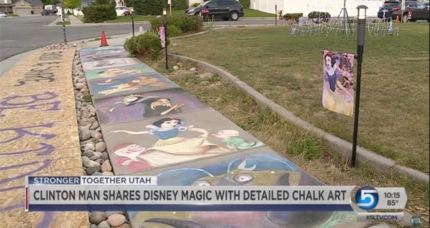 Disney characters come to life in vibrant sidewalk chalk art, drawing community smiles and local news buzz outside the park gates.