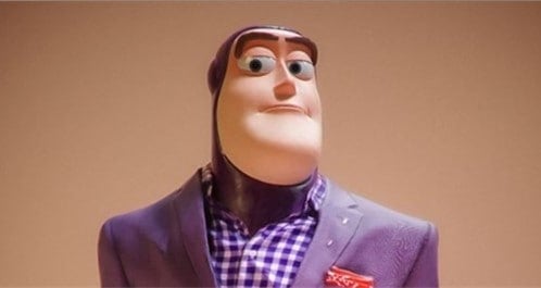 Buzz Lightyear models a purple suit and checkered shirt in Real Toons style, showcasing Disney magic with a modern twist.