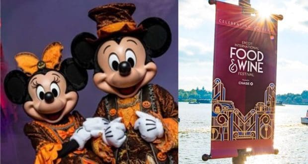 Mickey and Minnie in festive Halloween attire pose by the EPCOT Food & Wine Festival banner, celebrating Disney’s Halloween magic.