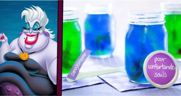 A whimsical cartoon zooms in on Yummy jars, playfully teasing a nod to Ursula’s Poor Unfortunate Souls recipe at Disney Parks.