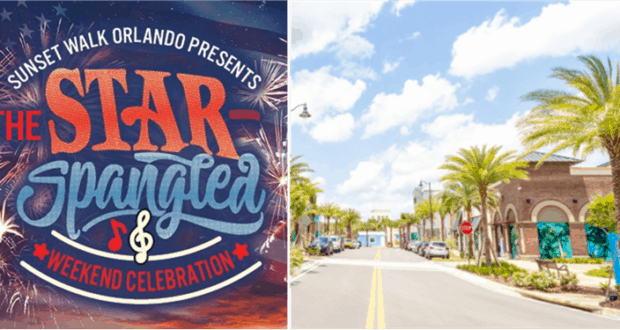 Star-Spangled Weekend Celebration" event poster at Promenade at Sunset Walk, Orlando, with palm-lined avenues and lively shops.