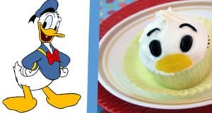 Donald Duck on the left, with a matching Donald Duck-themed cupcake on the right, perfect for Disney fans and park-goers.