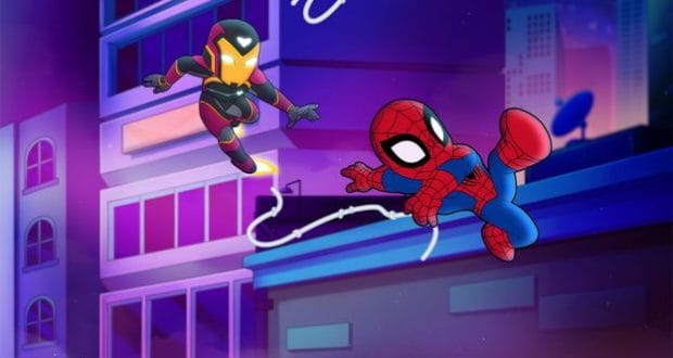 Spider-Man swings above the city as Iron Man soars beside him, bringing Marvel Super Hero Adventures to life for park guests at night.
