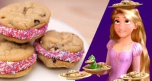 Rapunzel serves up chocolate chip cookies and pink sprinkle sandwich treats on a purple backdrop—Best Day Ever at Disney Parks!.