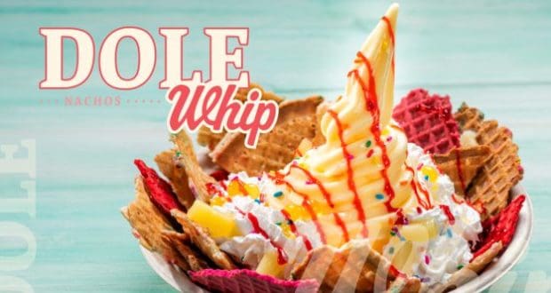 DOLE Whip Nachos topped with whipped cream, sprinkles, waffles, and red syrup—just like a Disney Springs dessert favorite.