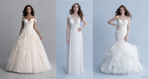 Cinderella, Ariel, and Belle-inspired wedding gowns from Disney Fairy Tale Weddings shine on models before a soft gray backdrop.