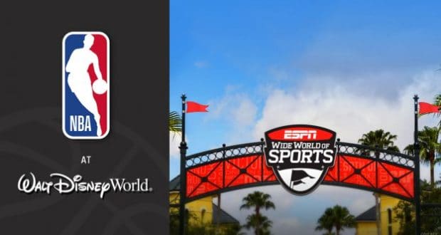 NBA logo and Walt Disney World signage at ESPN Wide World of Sports, framed by palm trees and a sunny Florida sky.