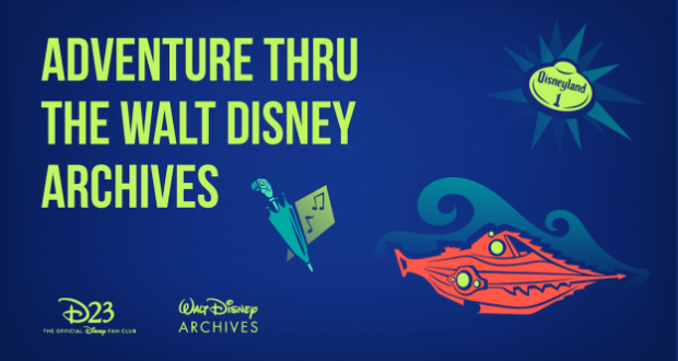 Adventure Thru the Walt Disney Archives title with colorful Disney graphics on blue, inviting fans to explore Disney’s magical legacy.