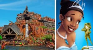 Left: Splash Mountain thrills at Magic Kingdom; right: Tiana grins at Naveen the frog, spotlighted against a dreamy blue Disney backdrop.