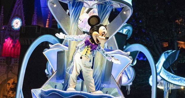 Mickey Mouse dazzles in a sparkly outfit atop a glowing float, with fireworks lighting up the castle at Tokyo Disney Resort’s parade.