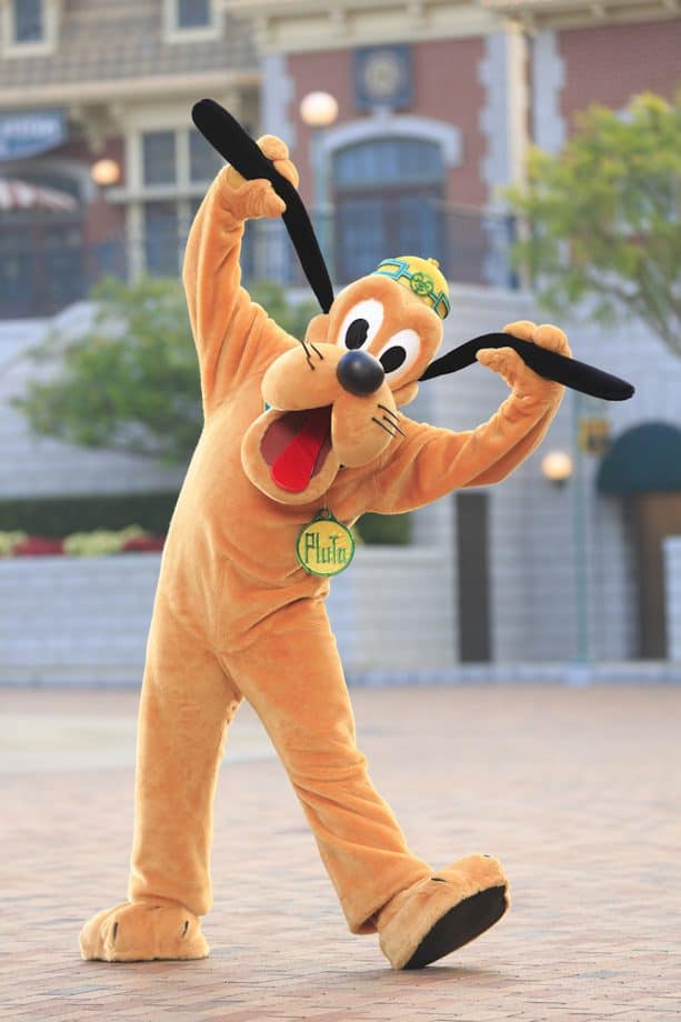 Pluto dazzles fans outdoors with playful energy and raised paws, spreading Disney joy for International Dog Day celebrations.