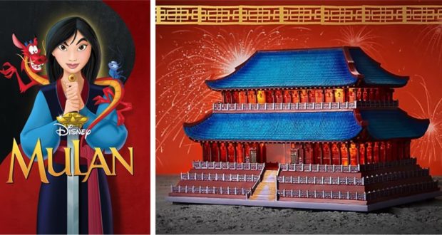 Mulan poster and Imperial Palace model with dazzling fireworks celebrate the Disney Castle Collection, evoking park magic.
