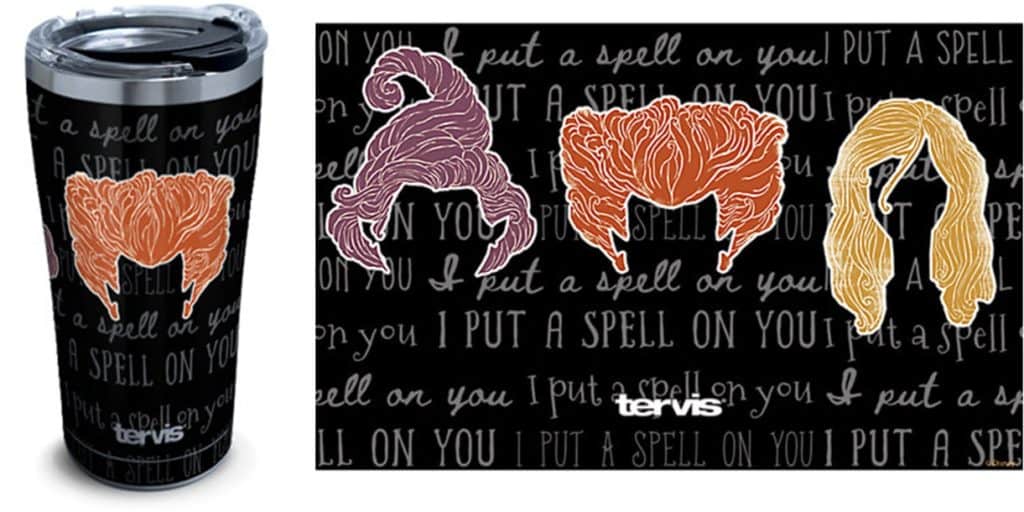 Hocus Pocus tumbler with three iconic Sanderson sisters wigs and “I put a spell on you” on black—perfect for spooky park days.