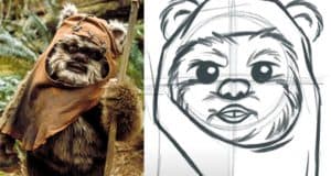 Left: Ewok greeting guests at Star Wars Galaxy’s Edge; right: Wicket sketch showing drawing steps for aspiring artists.