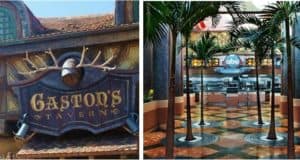 Split image: Gaston's Tavern sign with antlers on the left; lively ABC Commissary dining room with palm trees on the right.