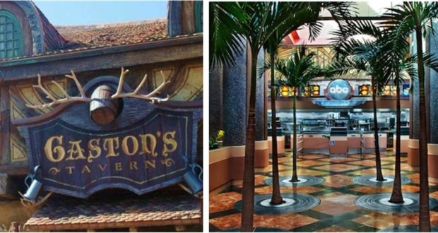 Split image: Gaston's Tavern sign with antlers on the left; lively ABC Commissary dining room with palm trees on the right.