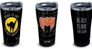Tervis travel mugs with Halloween designs: Disney-style black cat, fiery orange flames, and Hocus Pocus "Black Flame Fan Club" text.