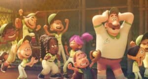 A group of animated kids in baseball uniforms celebrate joyfully on a field, while their adult coach stands nearby with a surprised, overwhelmed expression. The scene is bright and cheerful.